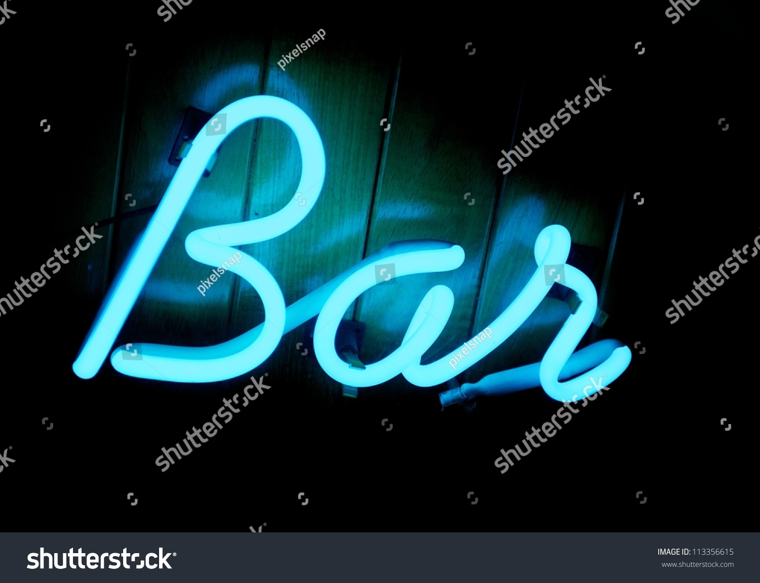 A Cool Blue Lit Neon Bar Sign On A Teak Wood Paneled Wall