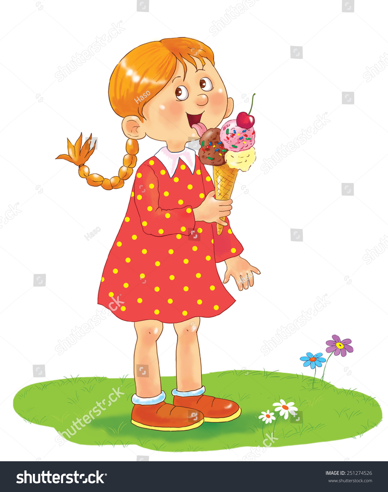 A Cute Girl Eating Ice Cream With A Big Cherry. Summer Day 