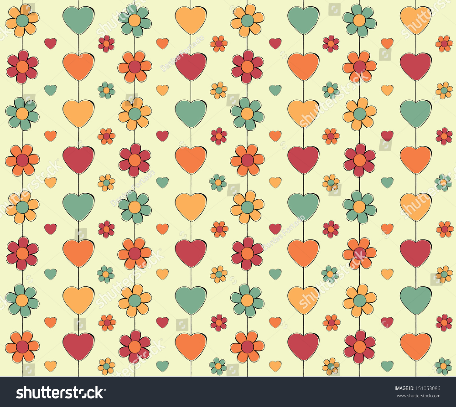 A Fun Illustrated Wallpaper Design With Flowers And Hearts 