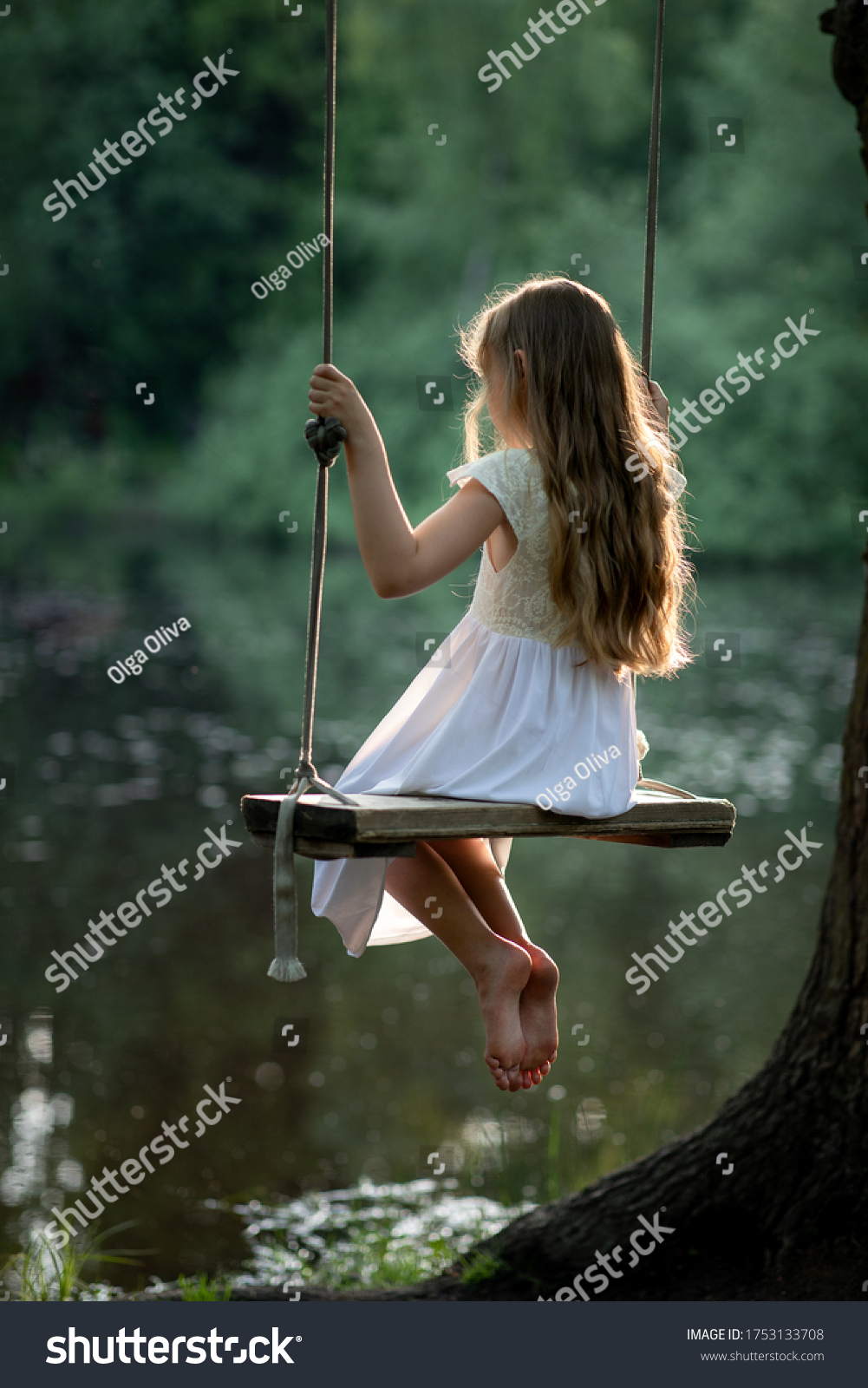 Girl Forest Swinging On Swing Rope Stock Photo Edit Now 1753133708