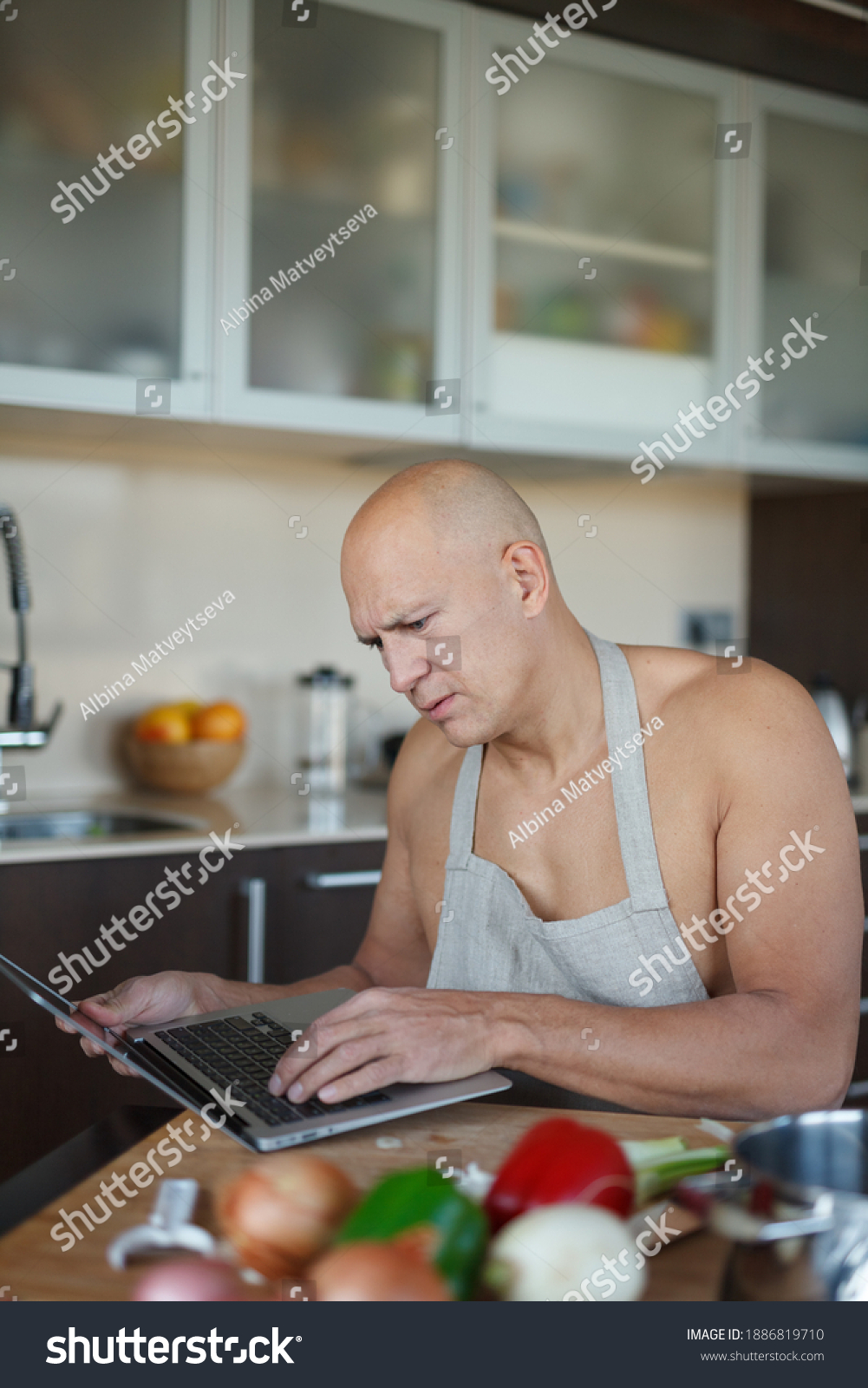 Man Naked Torso Apron Sits Table Stock Photo 1886819710 Shutterstock