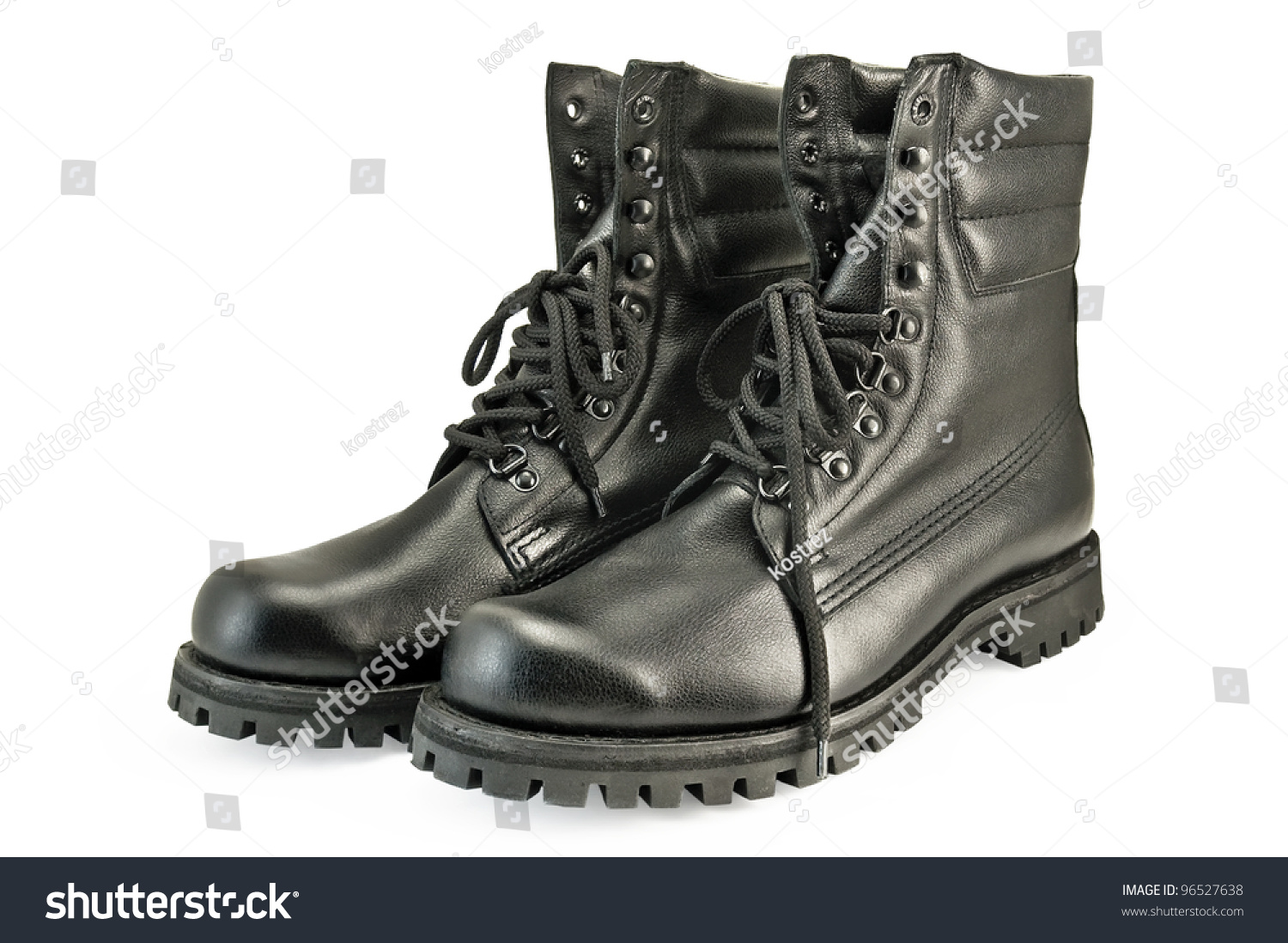 A Pair Of Tall Black Leather Boots Army Is Isolated On A White
