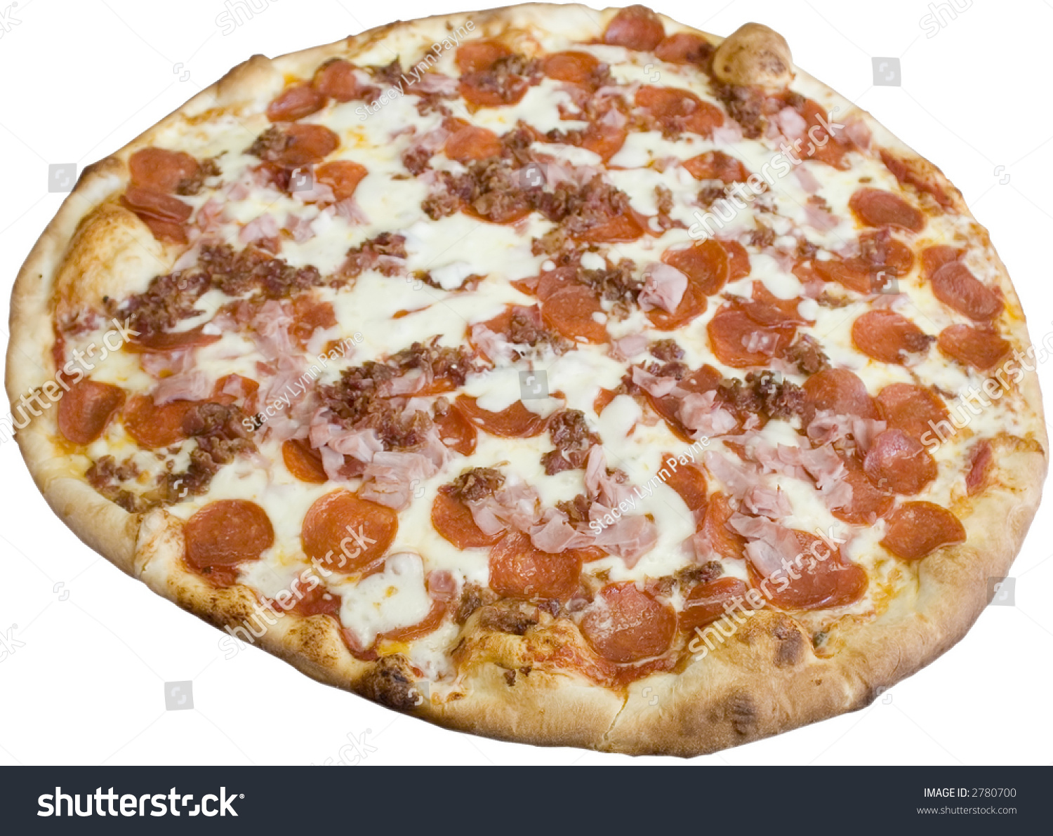 A Pizza With Bacon, Pepperoni, Sausage And Ham, Isolated. Stock Photo