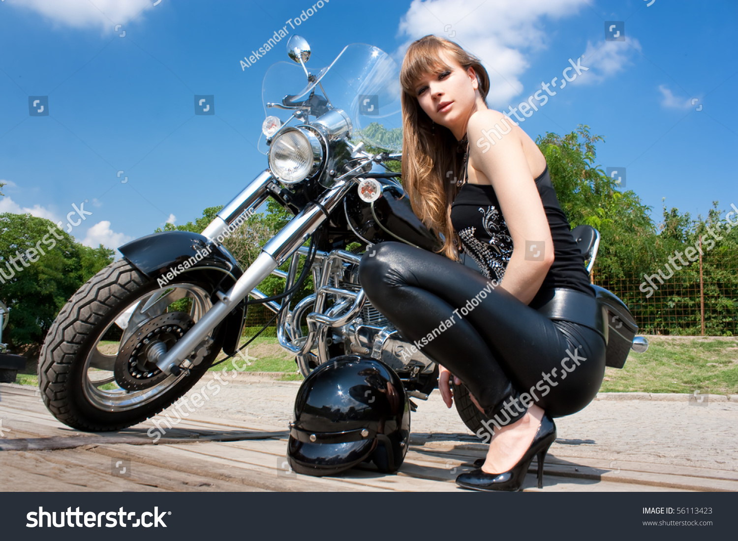 Pretty Woman Near By Motorcycle Posing Stock Photo 56113423 - Shutterstock