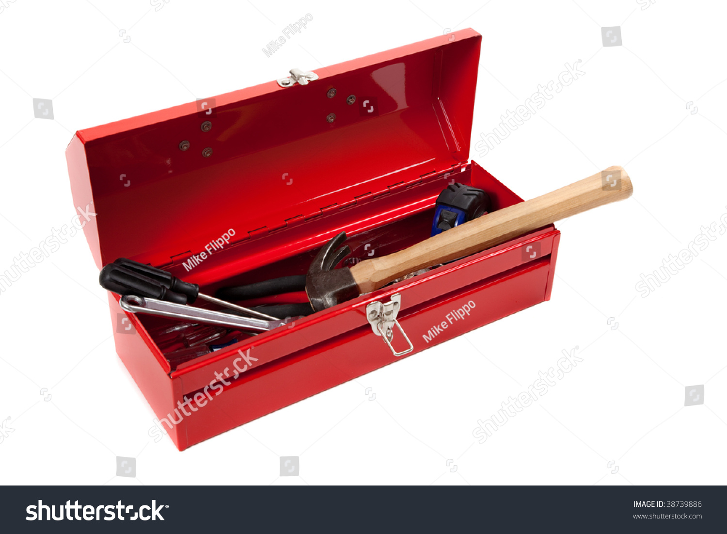 A Red Metal Toolbox With Tools On A White Background Stock Photo