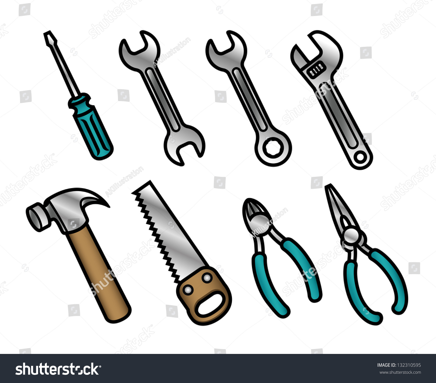 A Set Of 8 Cute And Colorful Cartoon Carpenter Tool Icons. Raster