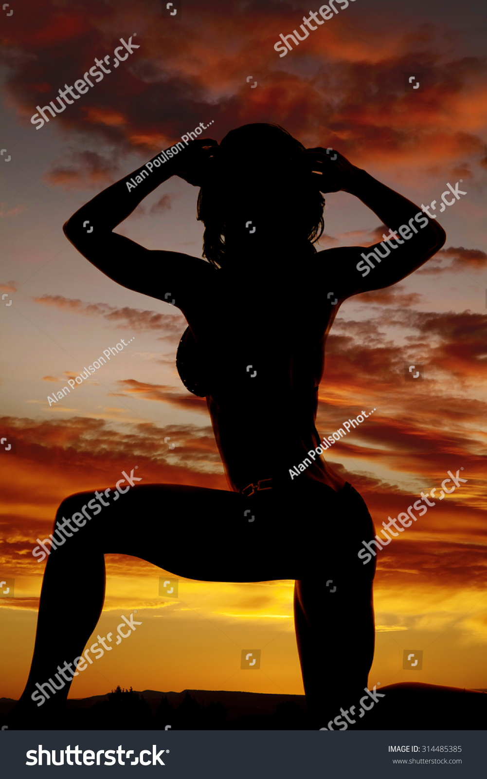 Silhouette Woman Her Bikini Kneeling Showing Stock Photo Edit Now