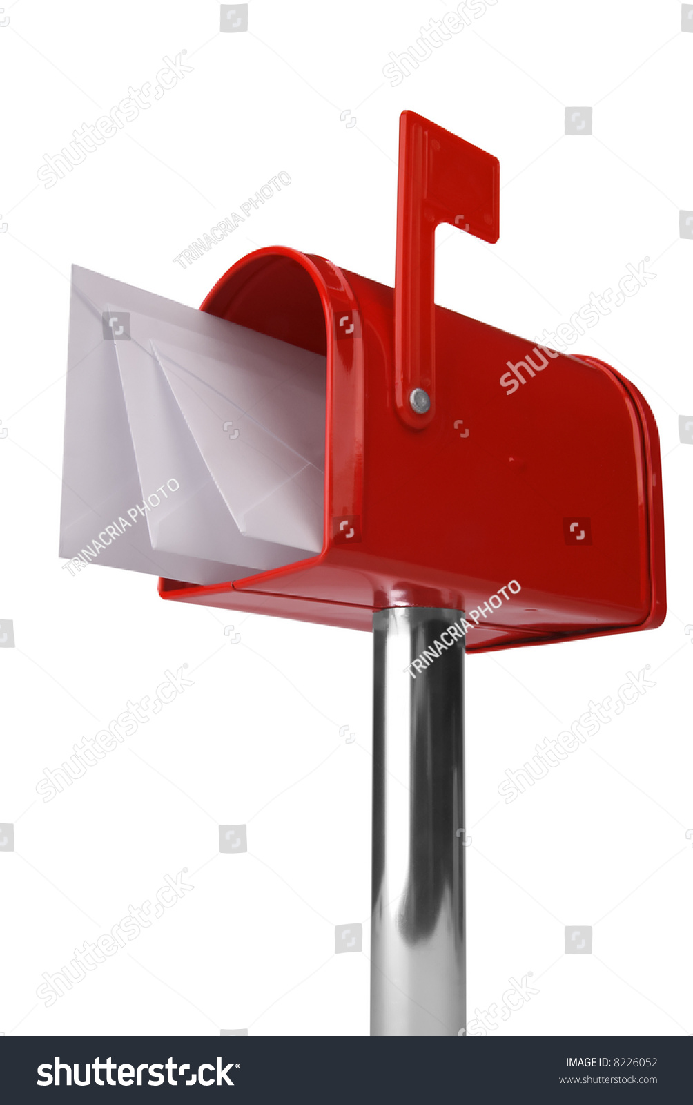 A Standard Red Mailbox With Mail And Flag Isolated Over White Stock