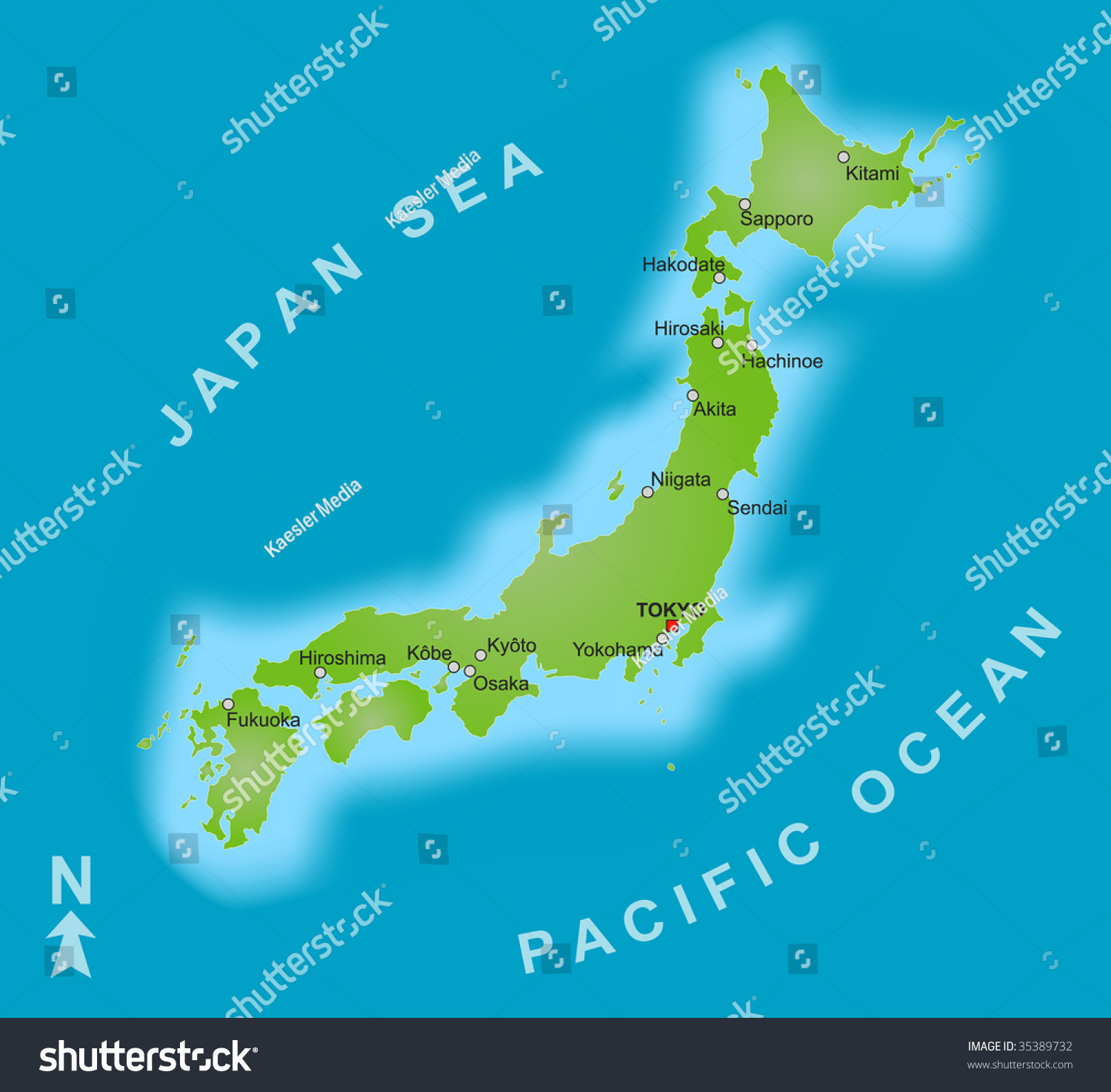 A Stylized Map Of Japan Showing Different Big Cities. Stock Photo 