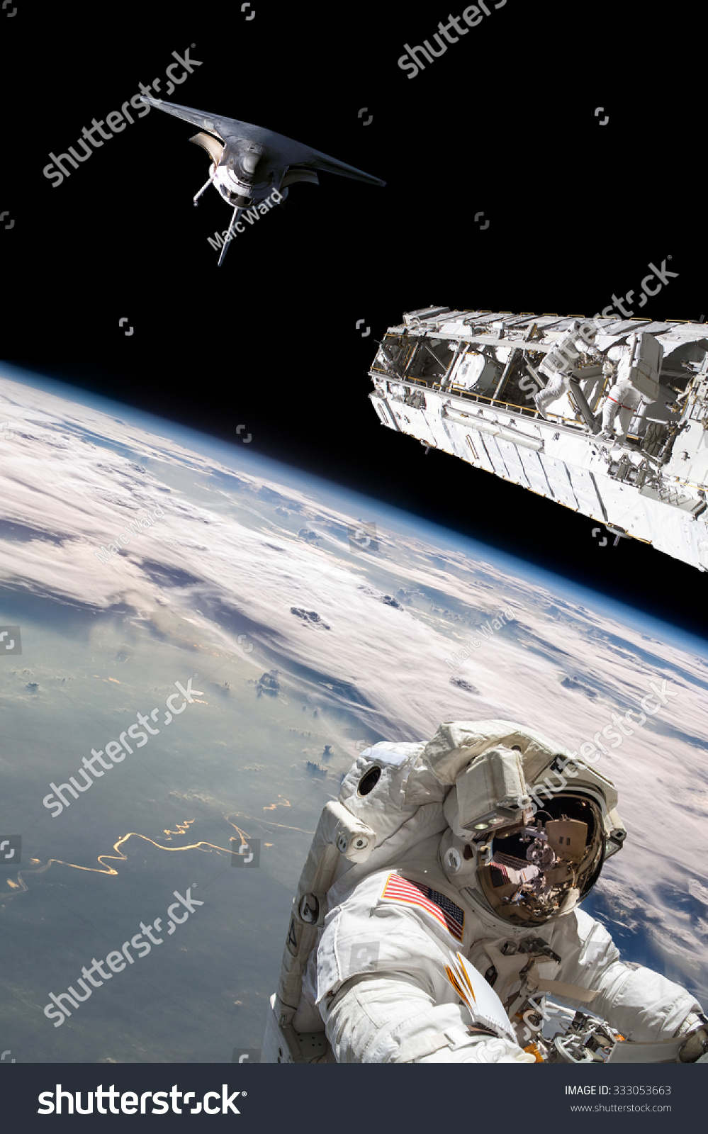 A team of astronauts performing work on a space station while the space shuttle slowly approaches to dock Elements of this image furnished by NASA A team of astronauts performing work on a space station while the space shuttle slowly approaches to dock Elements of this image furnished by NASA