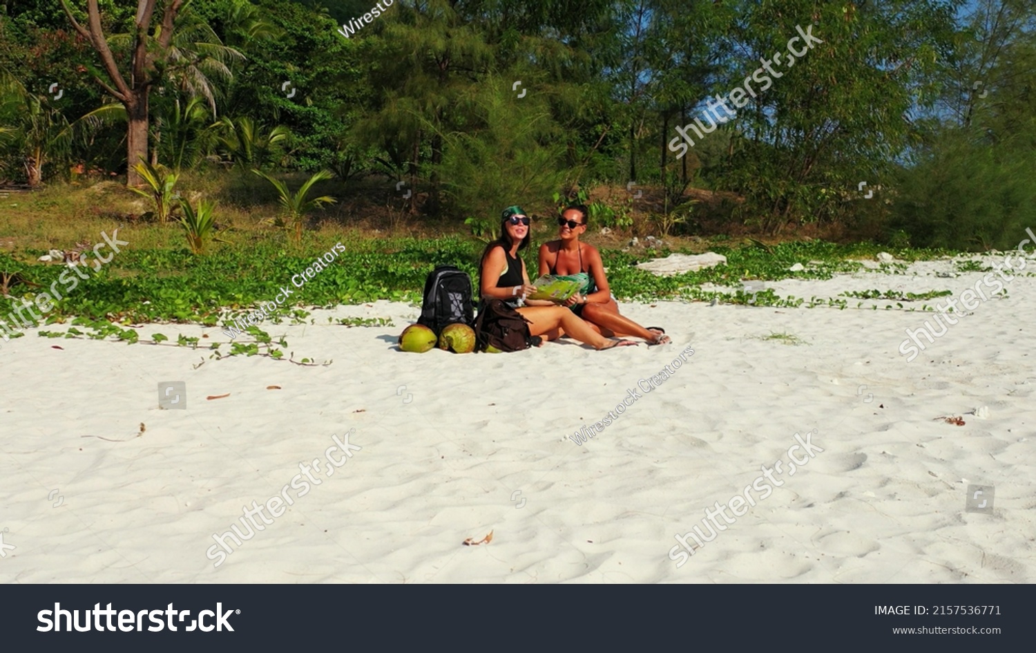 Two Caucasian Pretty Females Bikini Sitting Stock Photo 2157536771