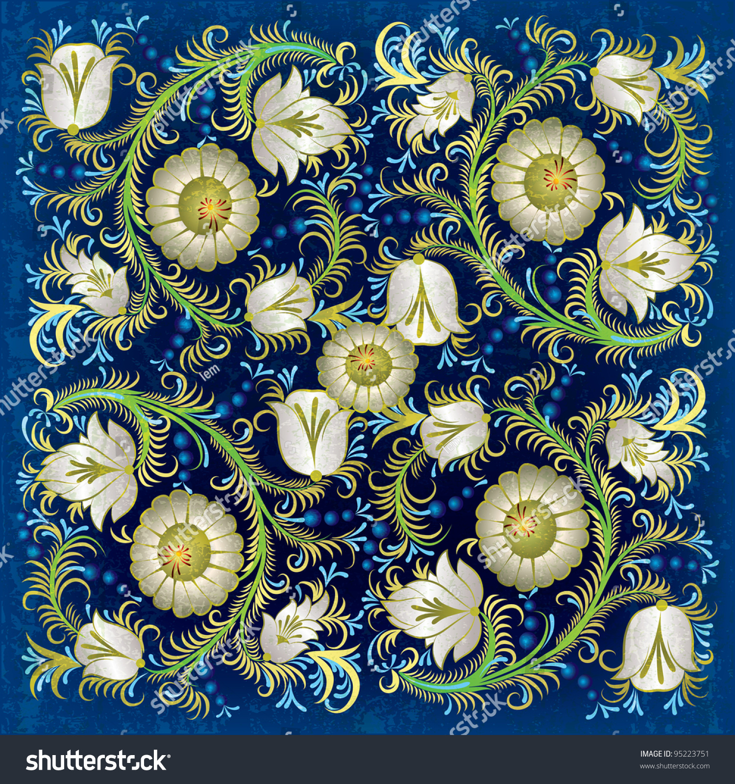 Abstract Grunge Floral Ornament On Blue Abstract Blue Grunge Background With Floral
