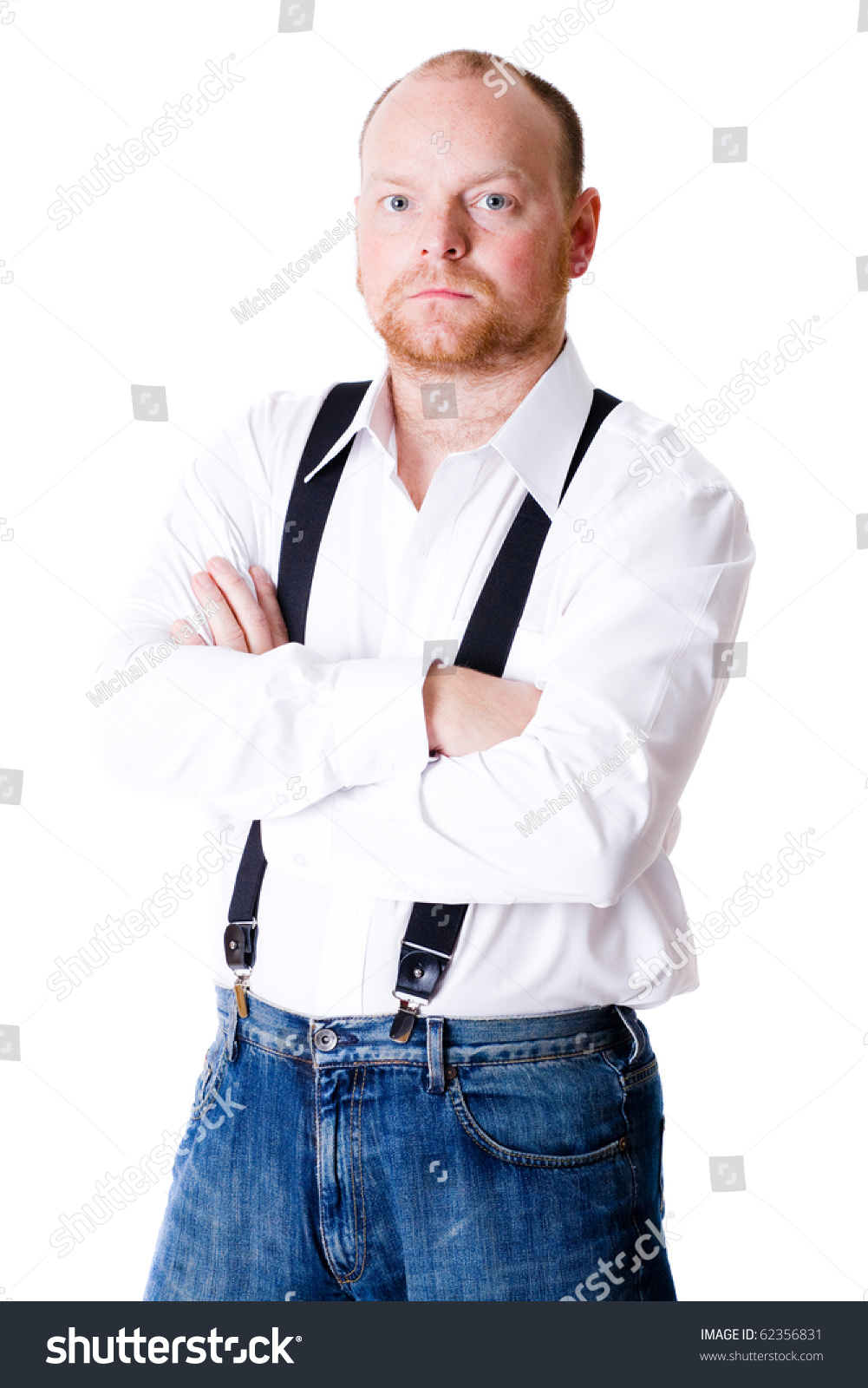 white shirt with braces