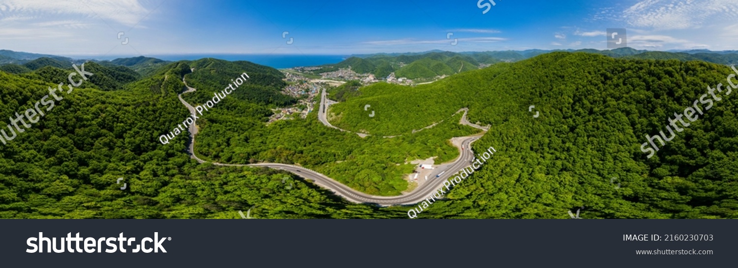 Aerial View Curved Winding Road Trough Stock Photo