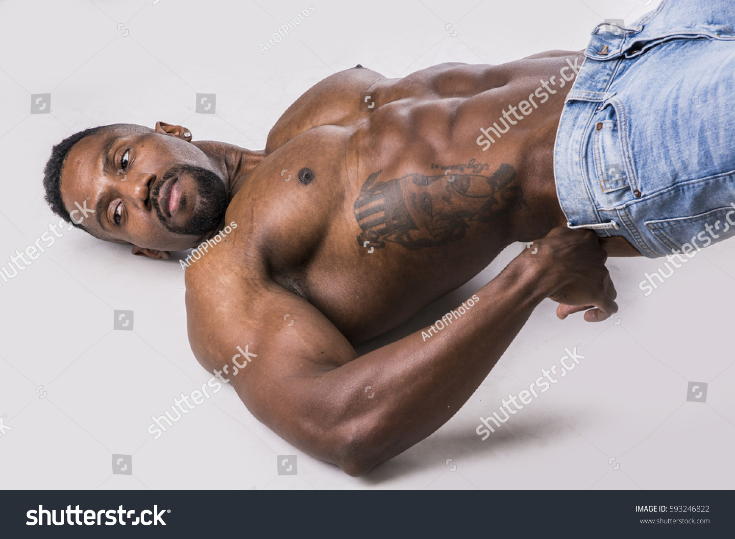 African American Bodybuilder Man Naked Muscular Stock Photo