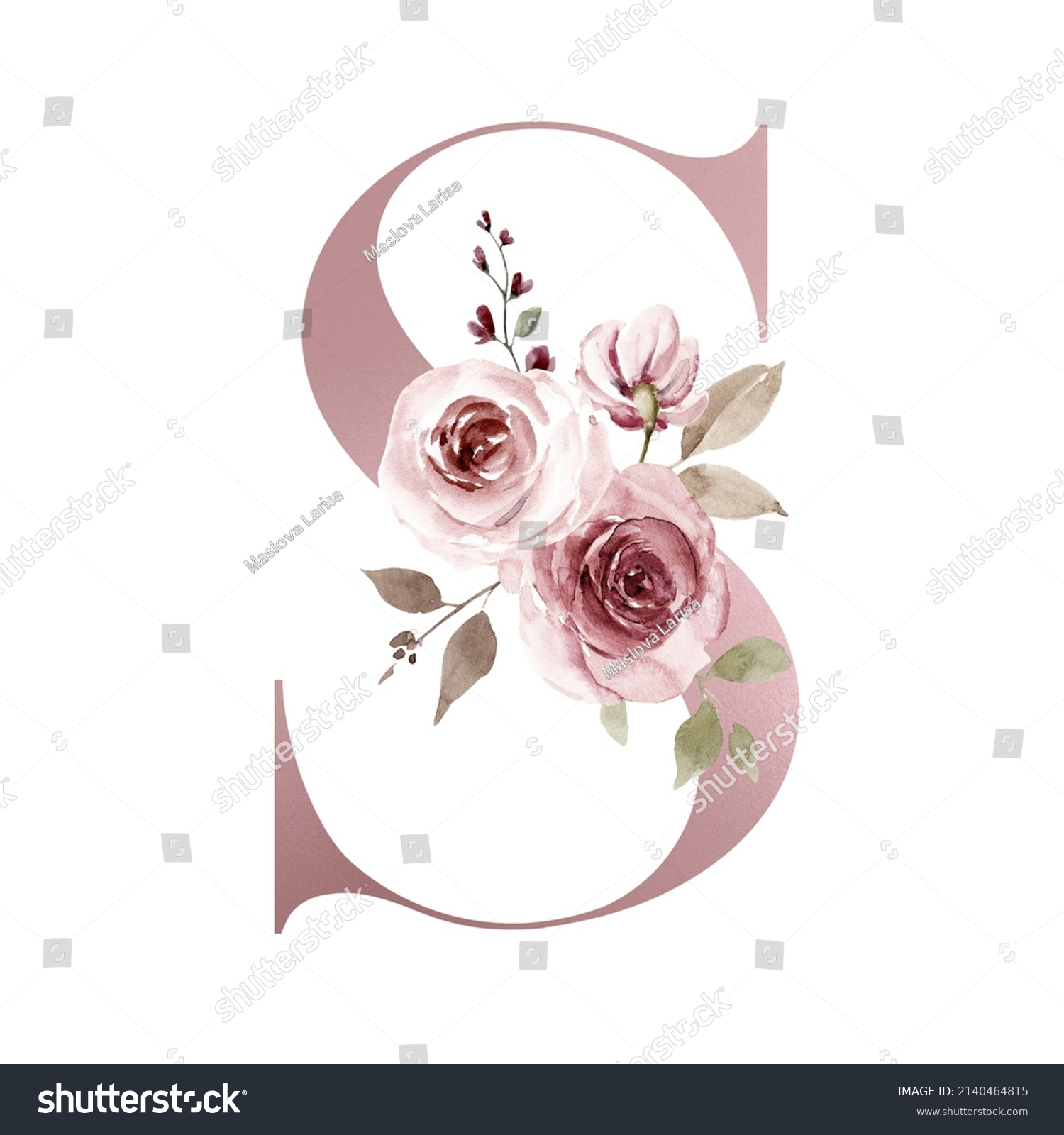 Alphabet Letter S Watercolor Flowers Leaf Stock Illustration 2140464815