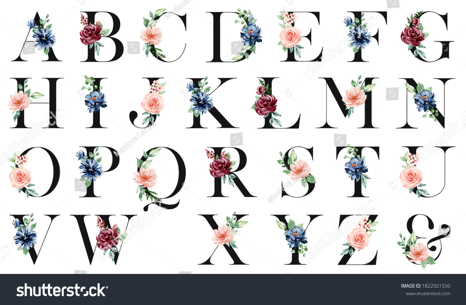 Alphabet Letters Set Watercolor Flowers Leaf Stock Illustration