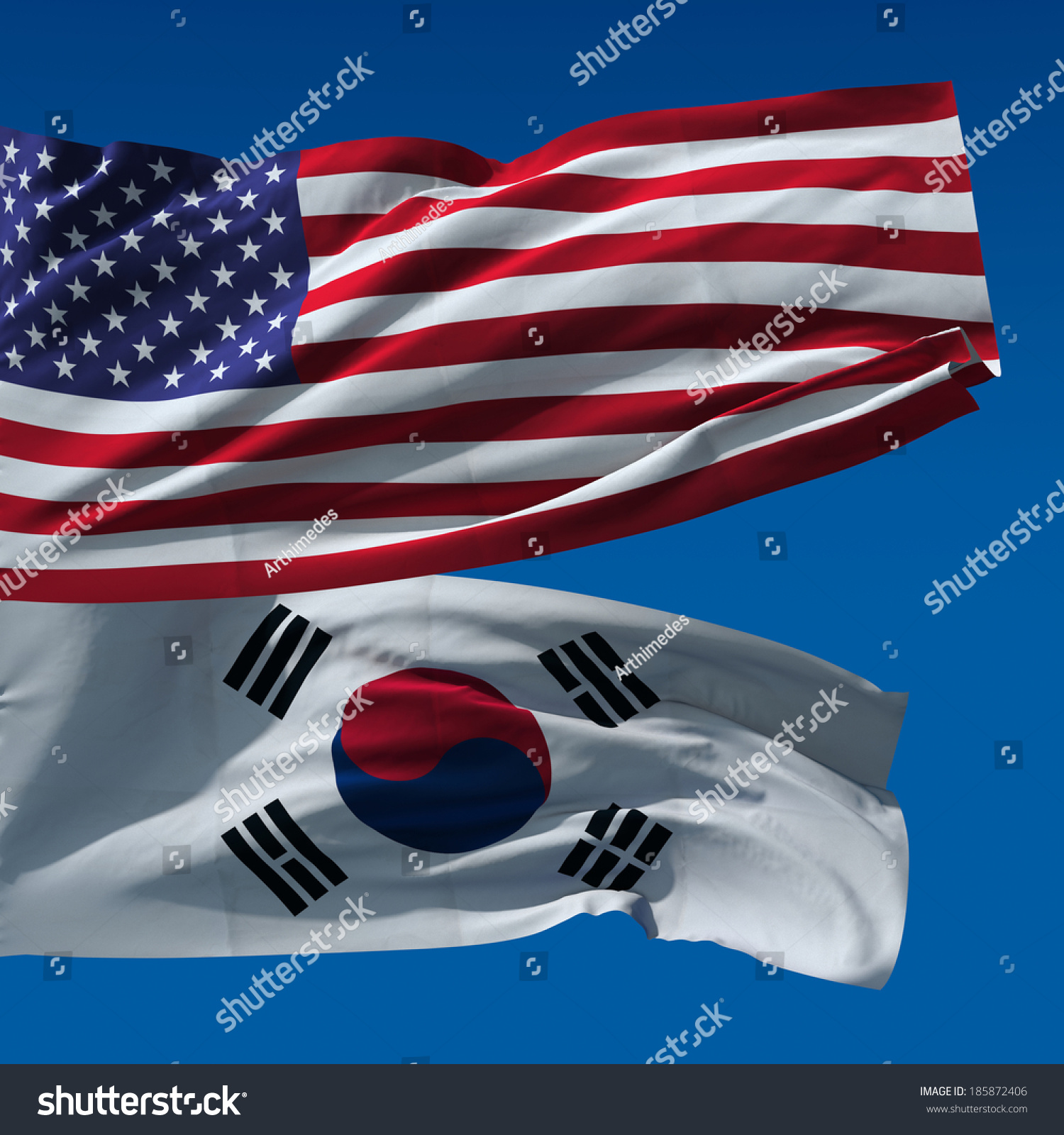 American South Korean National Flags Waving