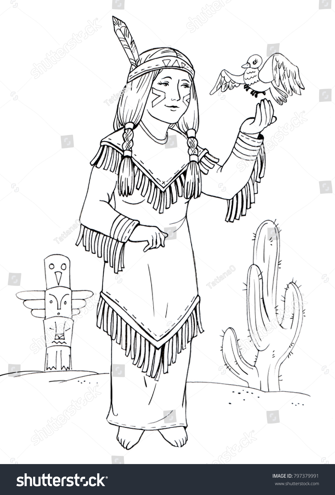 American Indian Woman Coloring Page Stock Illustration 797379991