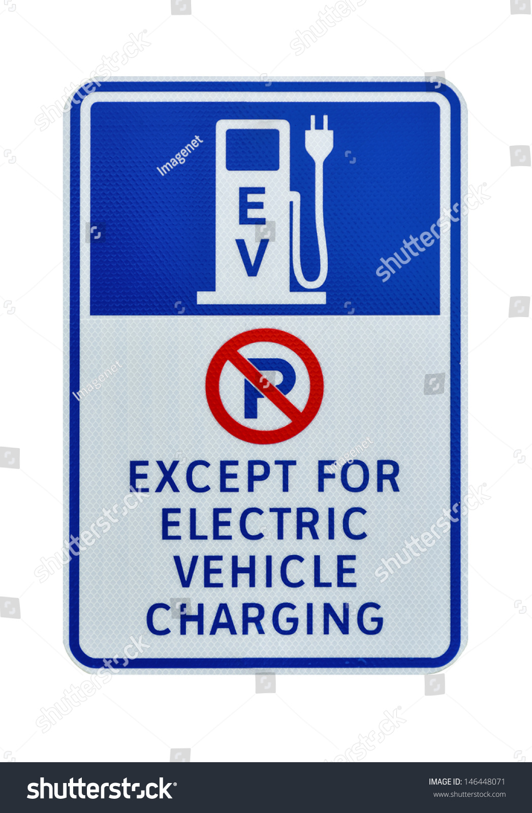 An American Road Sign. Ev Charging Station On White Background, With