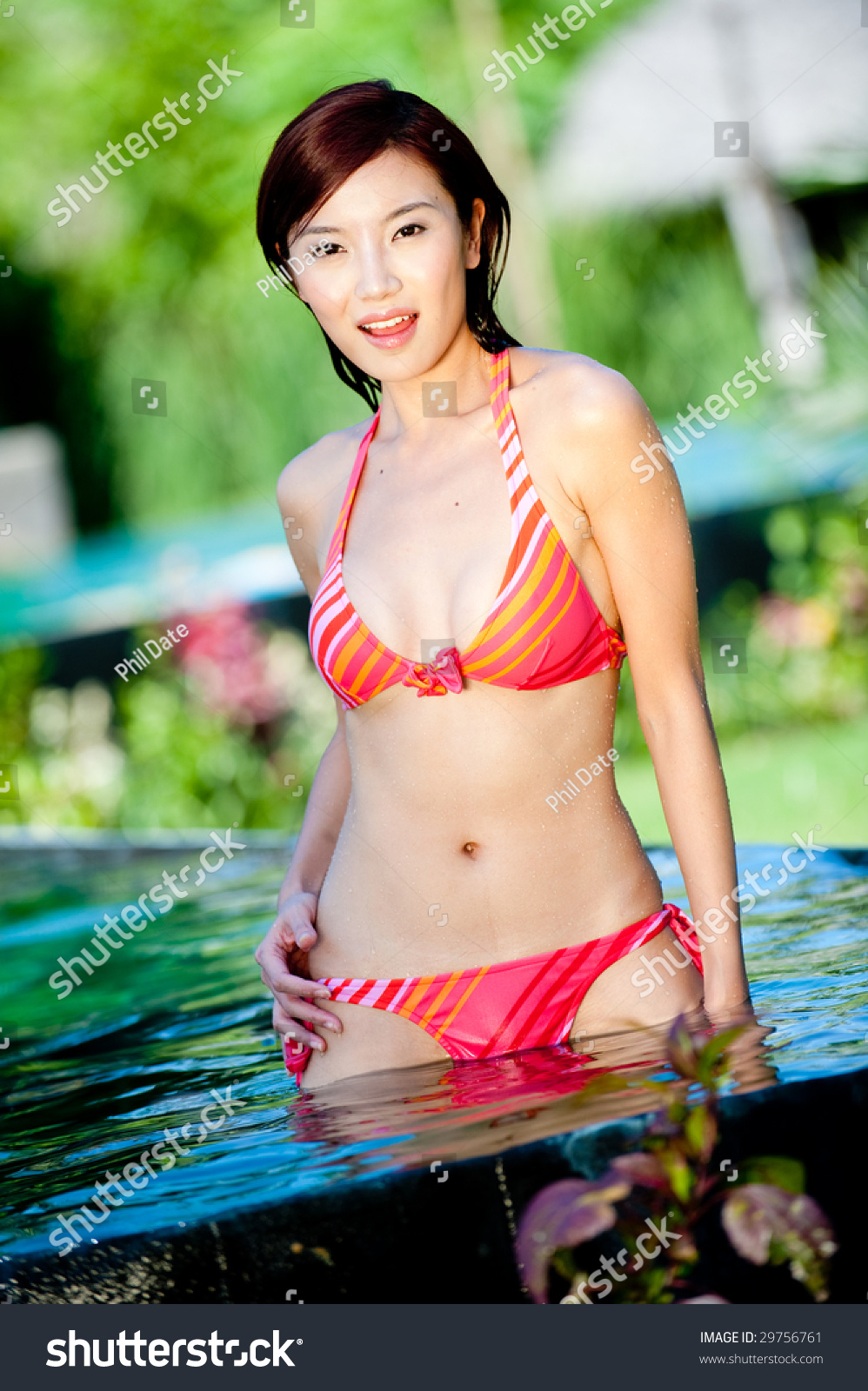 Attractive Chinese Woman Bikini Swimming Pool Stock Photo