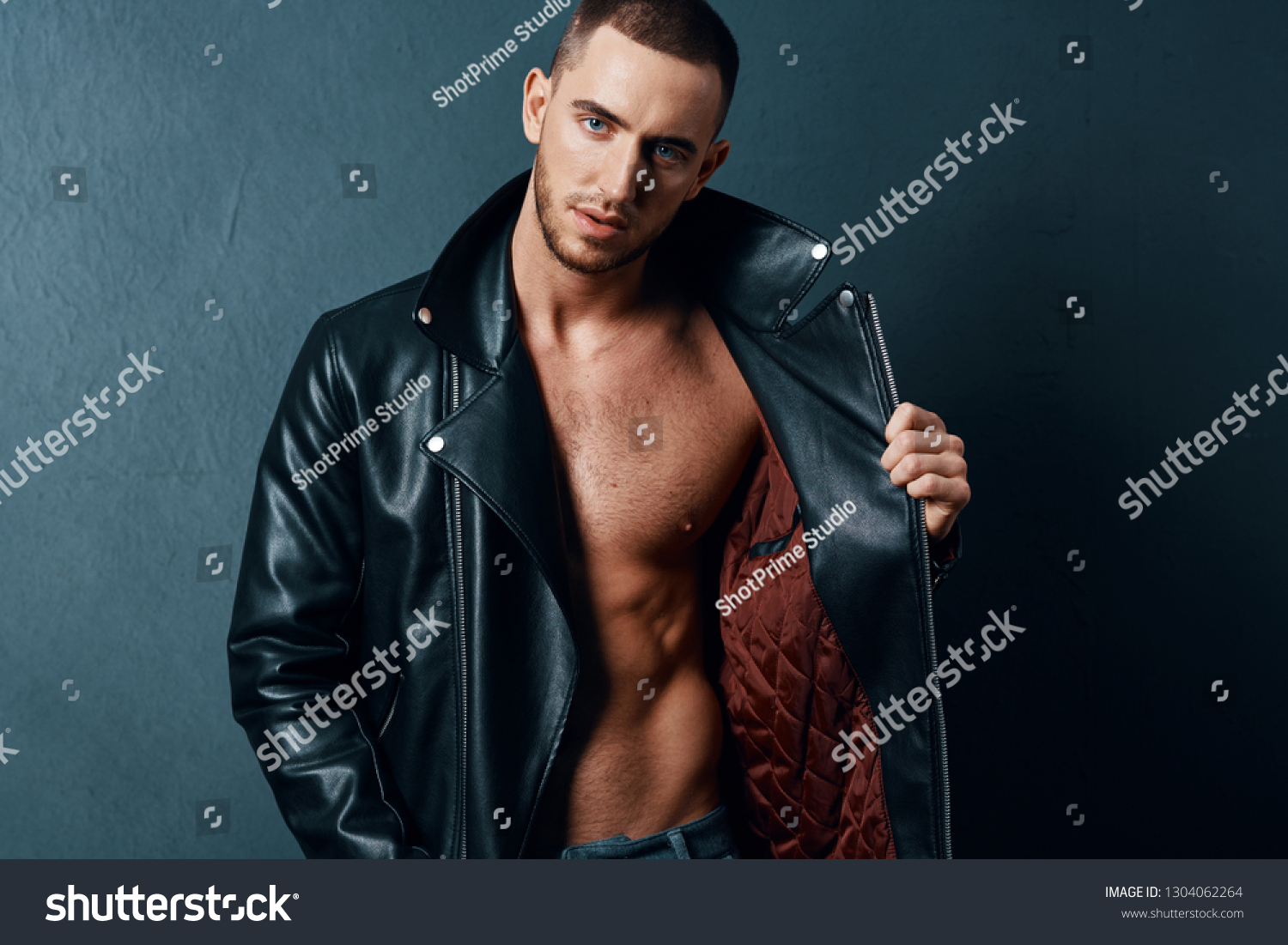 Attractive Man Naked Torso Leather Jacket Stock Photo