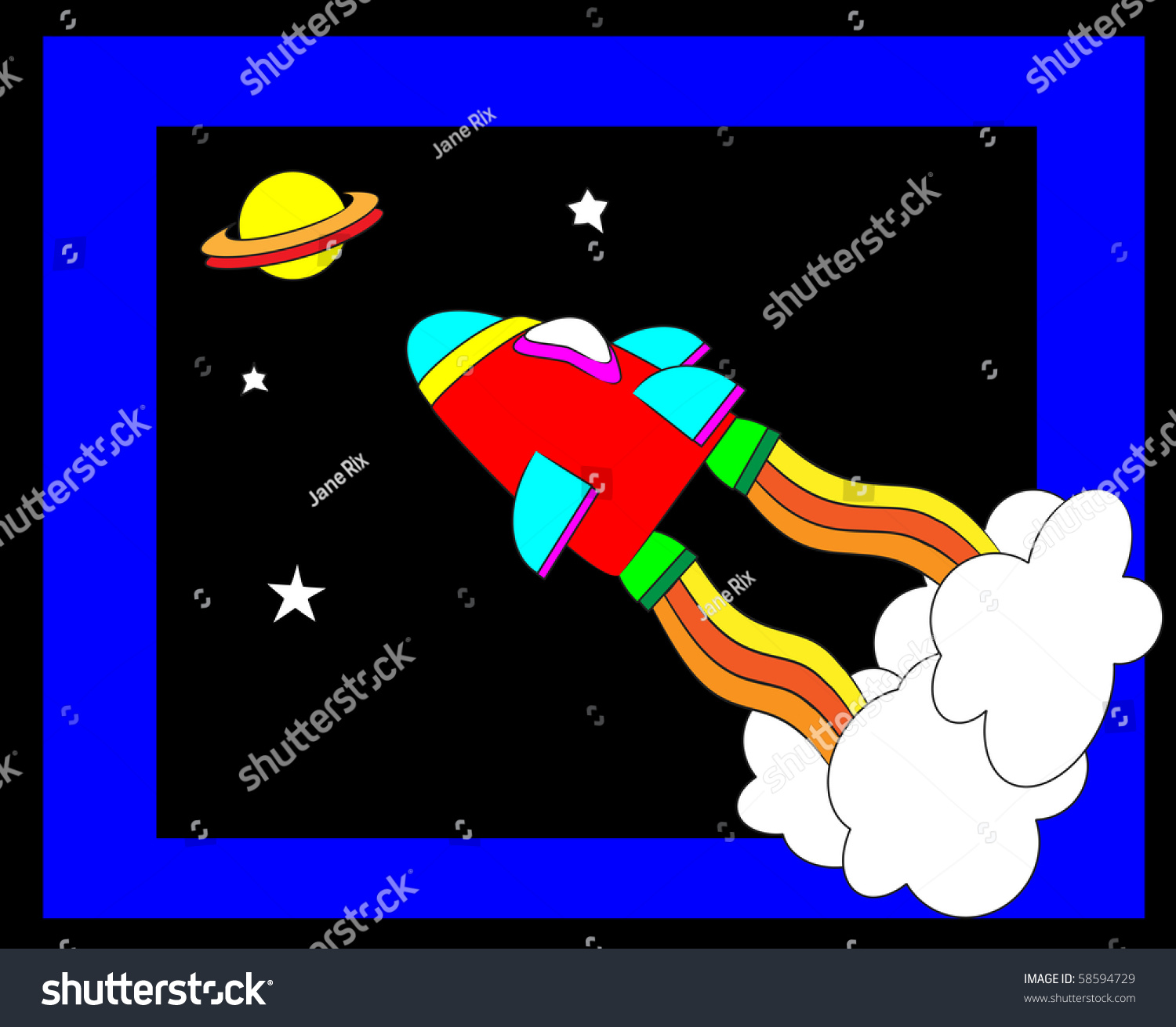 An Illustration Of A Spaceship Flying Towards A Planet. Cartoon Style