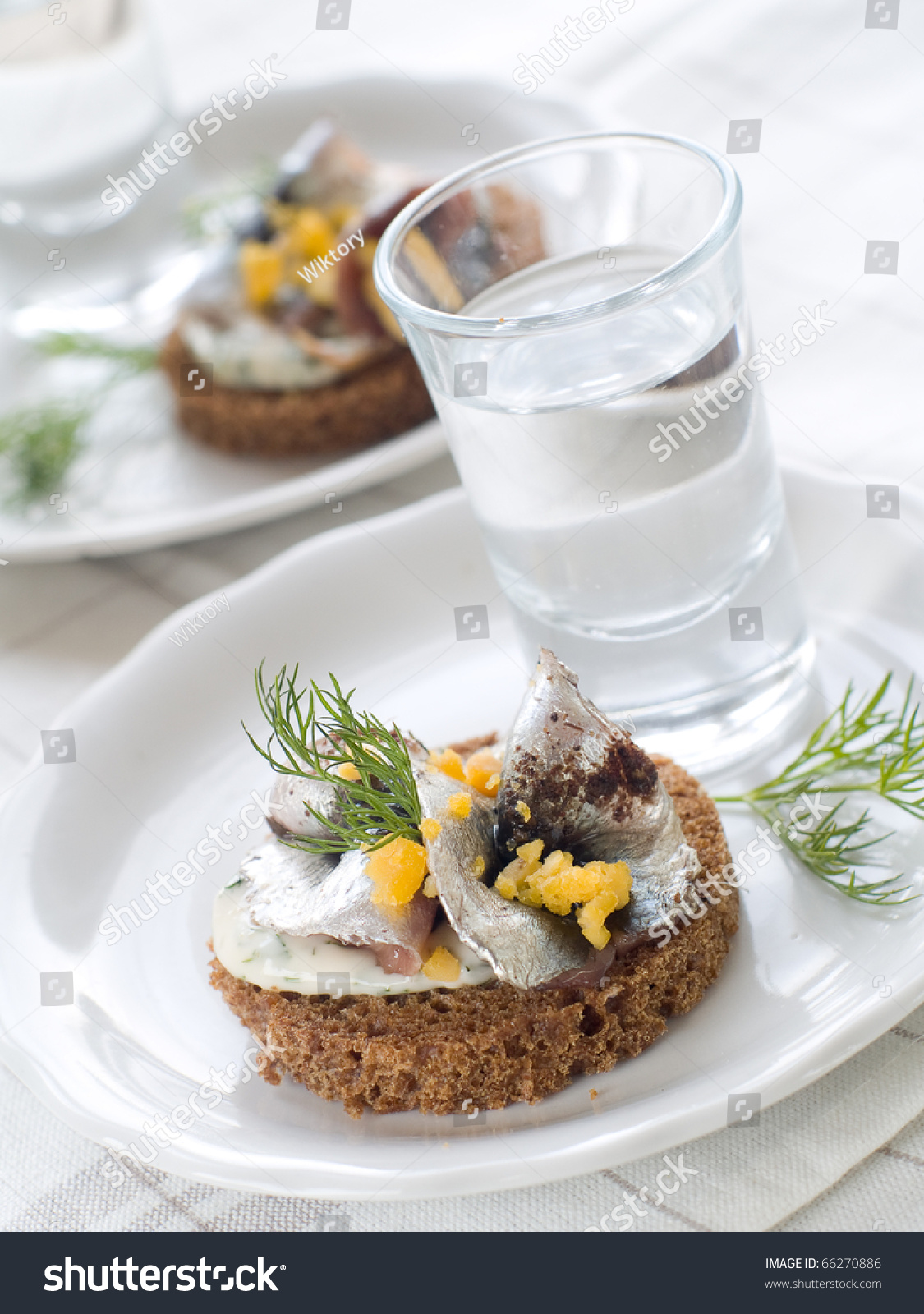 Anchovy Canapes Garnished With Dill And Yolk And Vodka Stock Photo ...