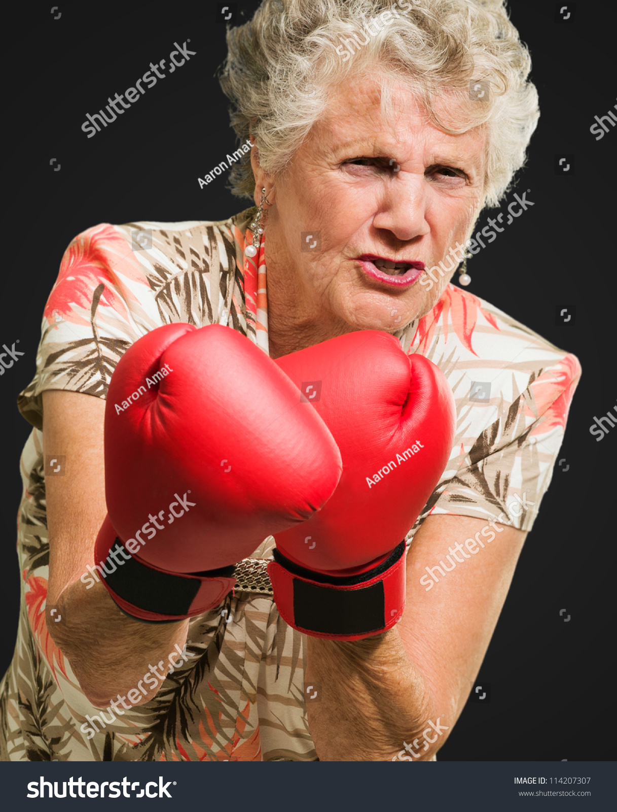 Angry Mature Woman Wearing Boxing Glove Stock Photo 114207307