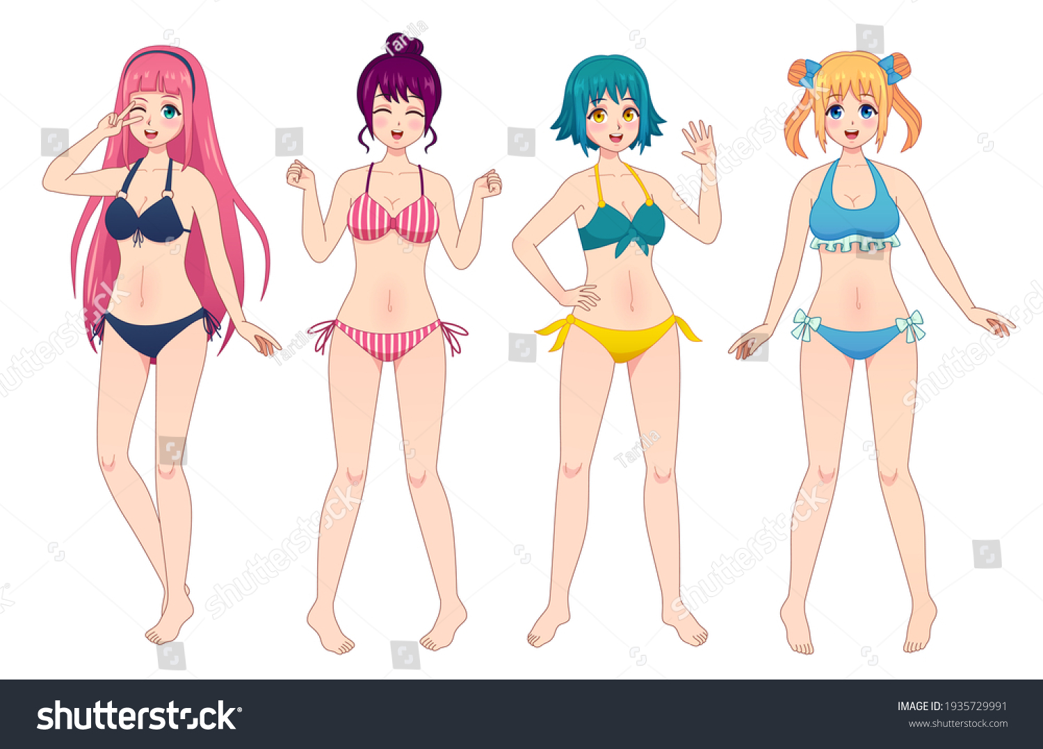 Anime Manga Girls Bikini Group Kawaii Stock Illustration The Best