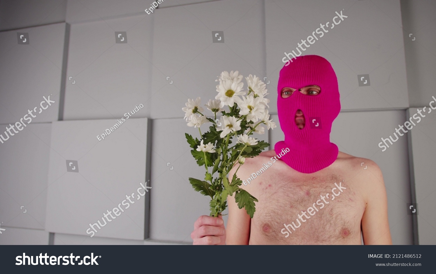 Anonymous Shirtless Man Balaclava Flowers Unrecognizable Stock Photo