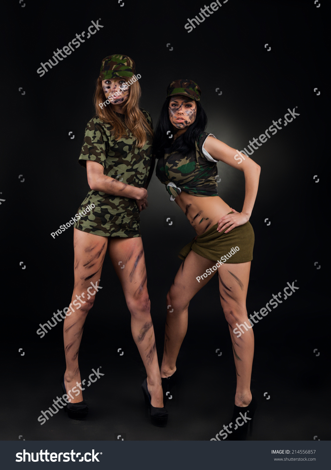 Army Sexy Girls Two Long Legs Soldier Woman Wear Military Camouflage Uniform Cap Full Length 8886