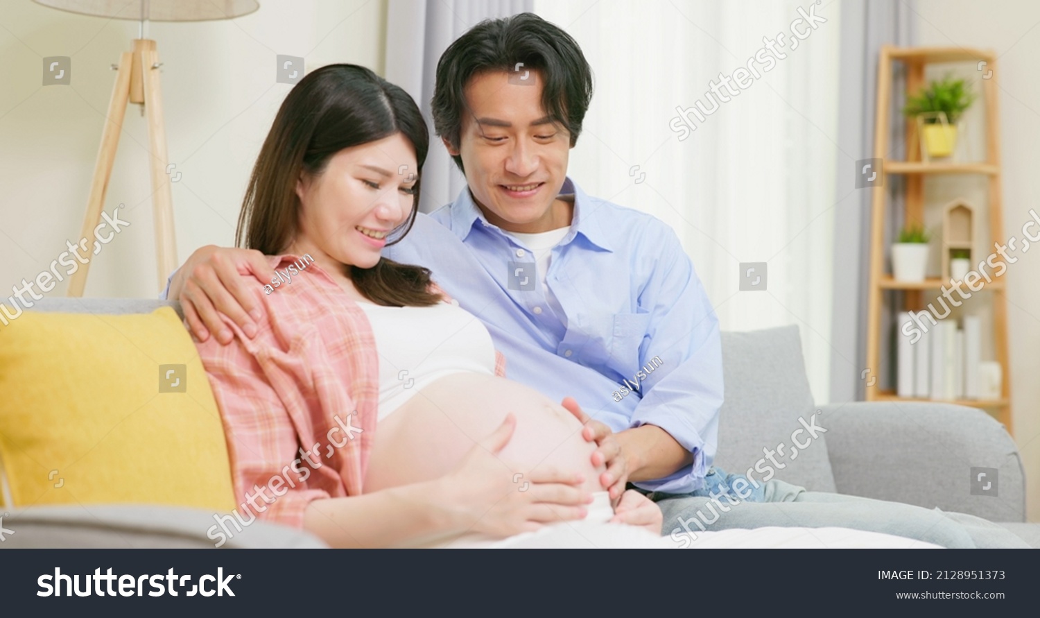 Asian Man Touching Pregnant Wife Belly Stock Photo Edit Now