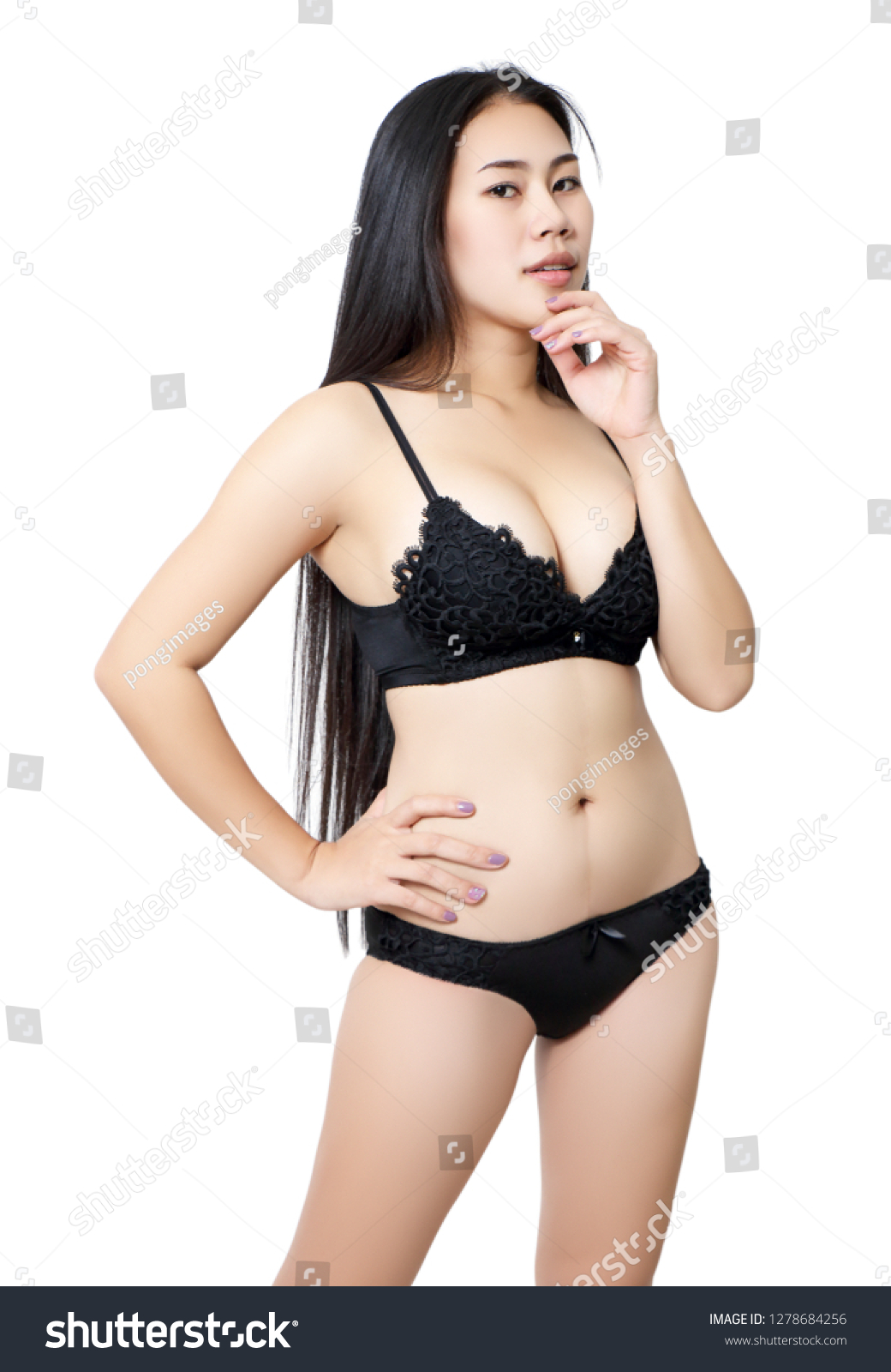 Asian Woman Black Bikini White Background Foto Stock