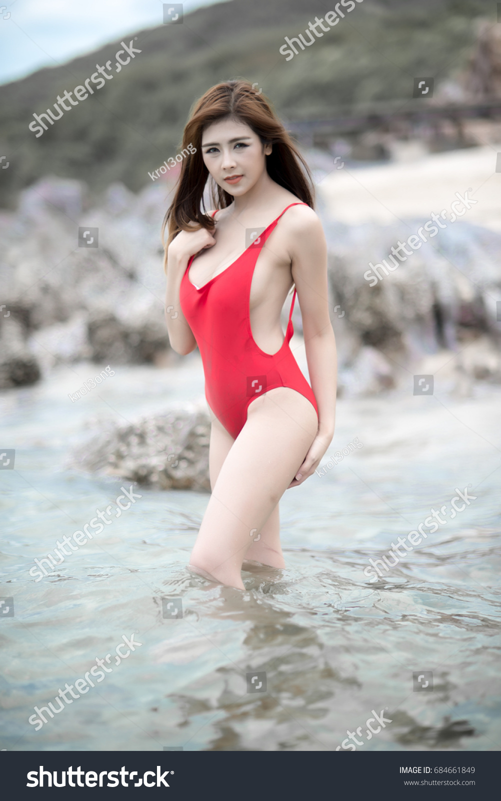 Asian Woman Red Bikini One Piece Stock Photo Edit Now 684661849