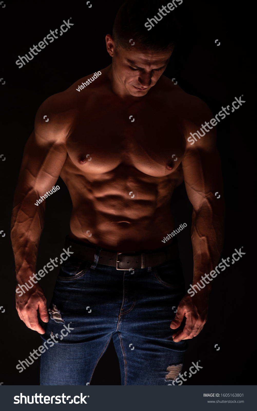 Athletic Shirtless Male Model Flexing Muscles Stock Photo Edit Now