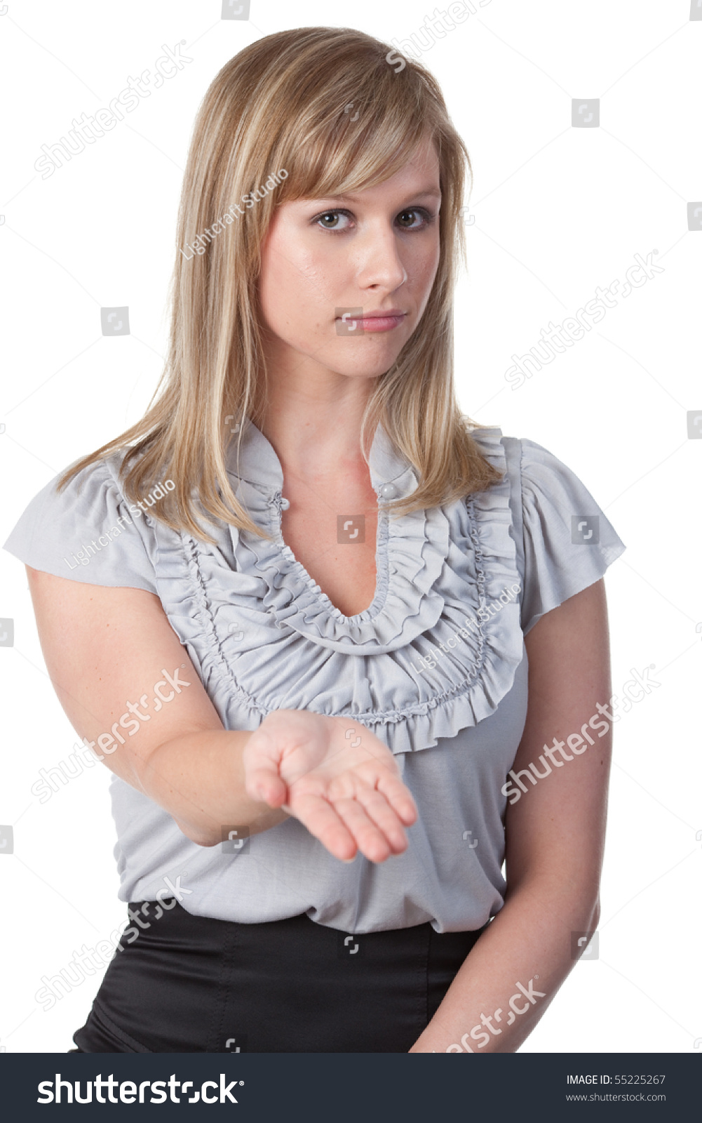 Asian Businesswoman Holding Out Palm Attractive Business Holding Out Palm