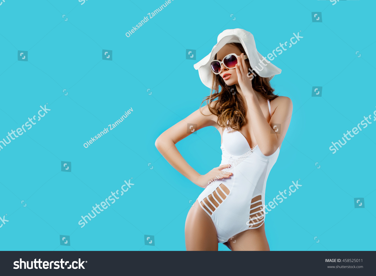 Attractive Girl White Bikini Hat Sunglasses Stock Photo Edit Now