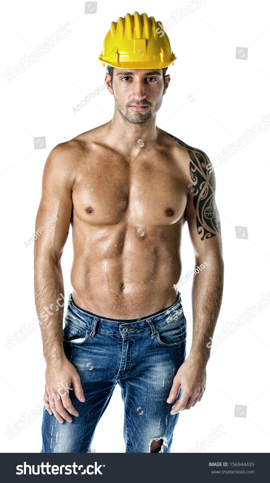 Attractive Muscular Construction Worker Shirtless Wearing Stock Photo