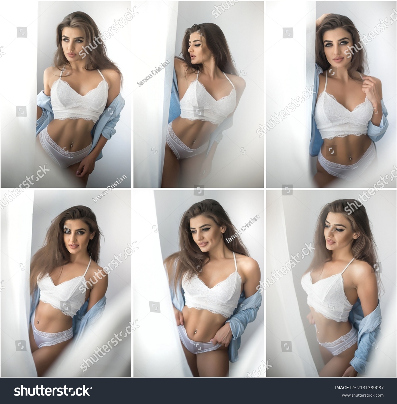 Attractive Sexy Brunette White Lingerie Denim Stock Photo