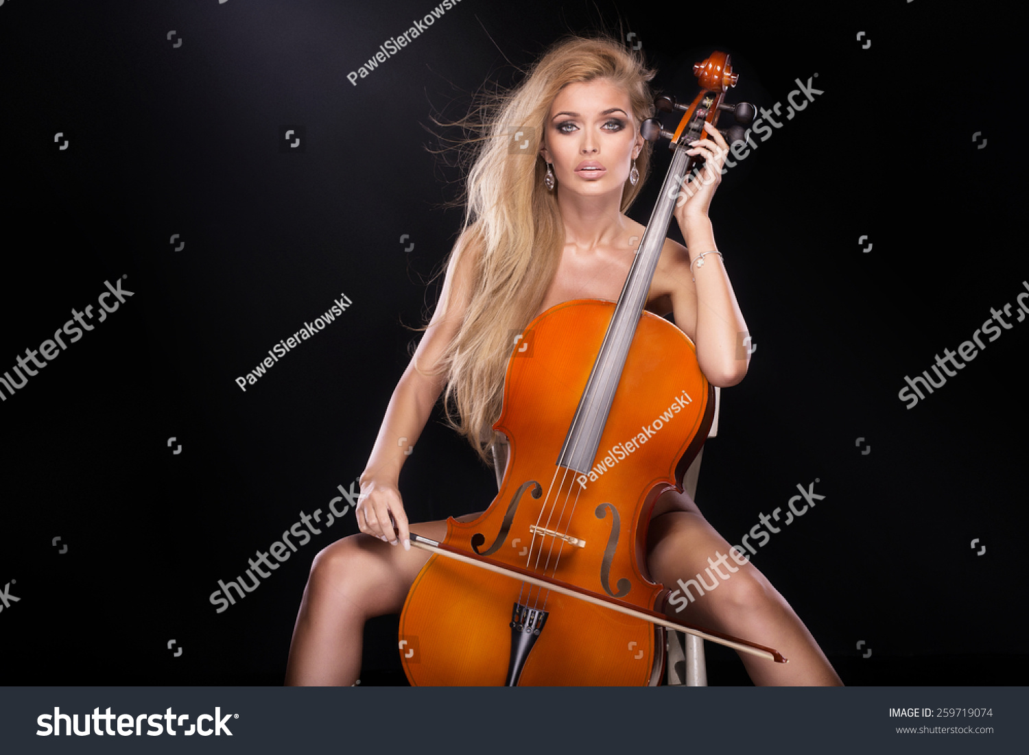 Attractive Sexy Musician Playing Cello Naked Stock Photo