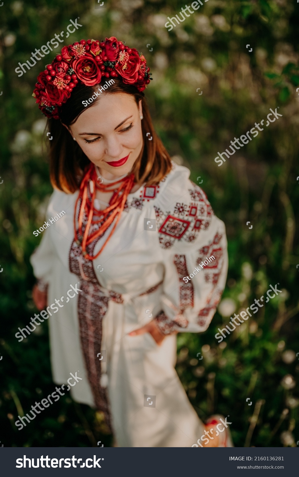 Attractive Ukrainian Woman Traditional Embroidery Vyshyvanka Stock