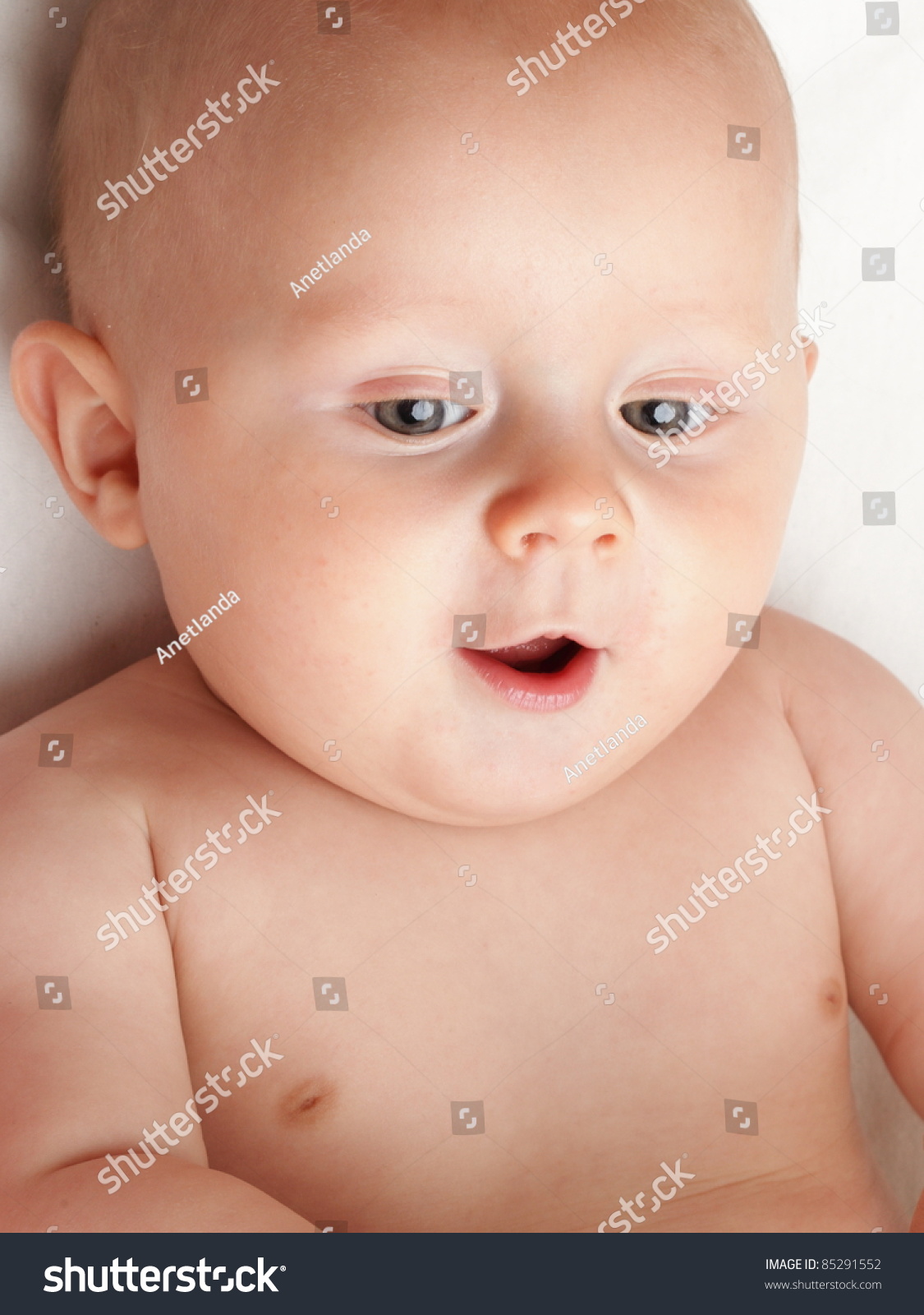 Baby Boy In Diaper On White, Blue Eye Stock Photo 85291552 ...