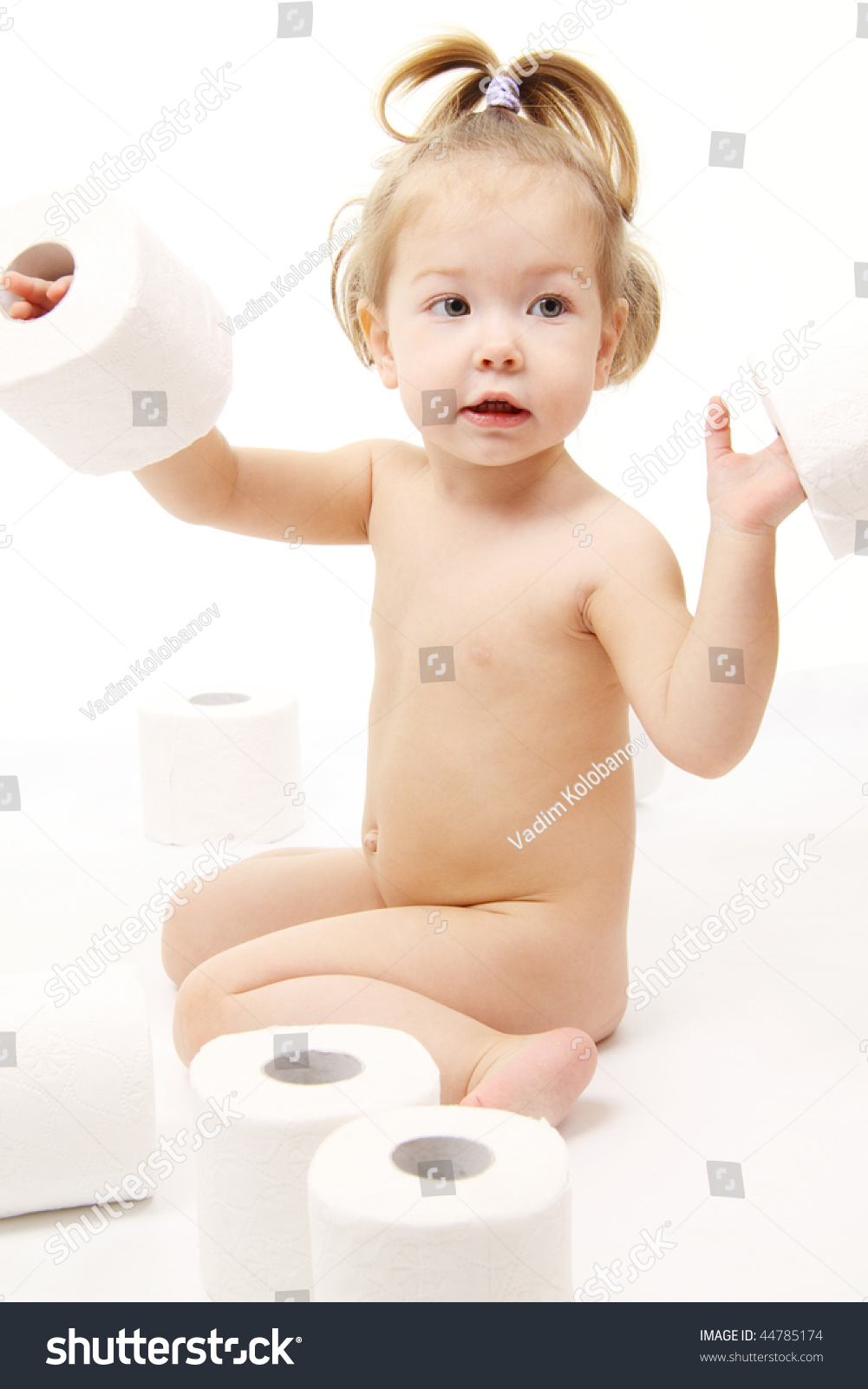 Baby Girl With Toilet Paper Isolated On White Stock Photo 44785174