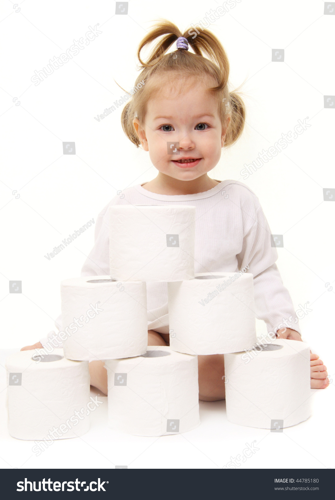 Baby Girl With Toilet Paper Isolated On White Stock Photo 44785180