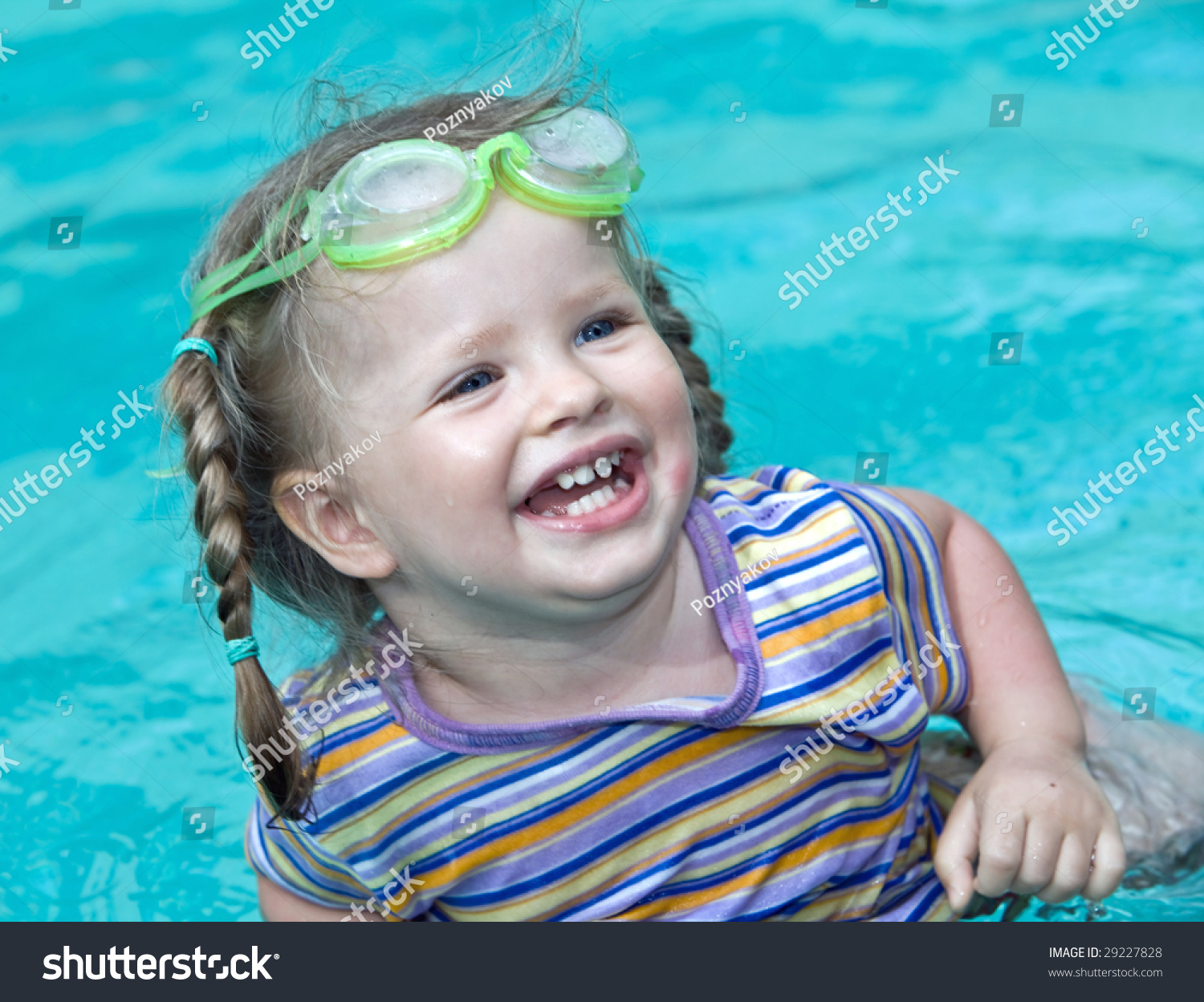 Baby In Protective Goggles Swim Pool Baby In Protective Goggles Swim Pool Stock Photo 29227828