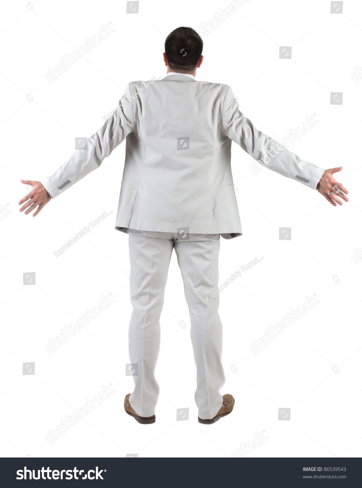 Back View Of Thinking Young Business Man In White Suit. Rear View 