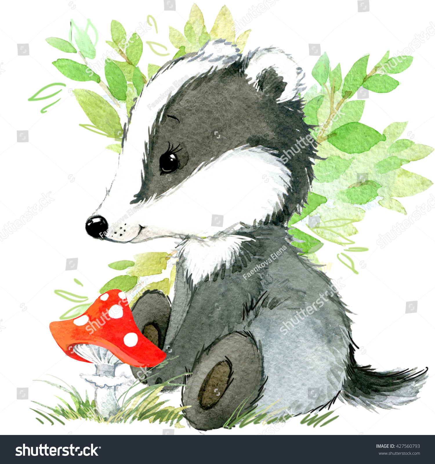 Badger. Cute Badger. Cartoon Badger. Watercolor Animal Illustration