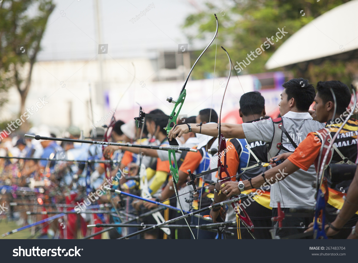 Bangkok Thailand March 15-22 2015 Unidentified archers in a row and shootin 2015 Asia Cup-World Ranking Tournament stage II at Hua Mak Sports Complex on March 18 2015 in Bangkok Thailand Bangkok Thailand March 15-22 2015 Unidentified archers in a row and shootin 2015 Asia Cup-World Ranking Tournament stage II at Hua Mak Sports Complex on March 18 2015 in Bangkok Thailand