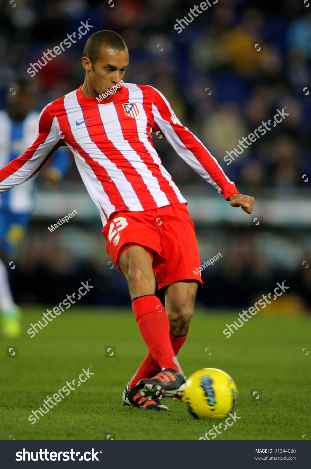 BARCELONA DEC 11 Joao Miranda of Atletico de Madrid in action during a Spanish League match between Espanyol and Atletico Madrid at the Estadi Cornella on December 11 2011 in Barcelona Spain BARCELONA DEC 11 Joao Miranda of Atletico de Madrid in action during a Spanish League match between Espanyol and Atletico Madrid at the Estadi Cornella on December 11 2011 in Barcelona Spain